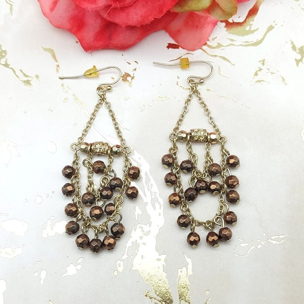 Gold Tone Chain Dangle Drop Chandelier Earrings Beaded Crystal Accents 2.5"